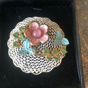 Floral Enamel Brooch with Pink and Green flowers.